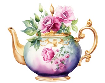 Vintage Floral Teapot Watercolor Clipart: Elegant Printable (Digital Download)