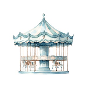 Clipart de aquarela de carrossel azul | 10JPG | Arte Berçário Carrossel Cavalo Carrossel Chá de Bebê Carnaval Clipart Carrossel Pônei