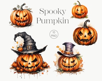 Watercolor Spooky Halloween Pumpkin Clipart | Transparent PNG (Digital Download)