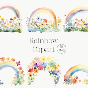 Vários clipart de arco-íris | 10PNG | Arco-íris colorido do berçário com flores, PNG de alta qualidade, clipart em aquarela para impressão, download digital