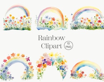 Various Rainbow Clipart | 10 PNG | Colorful Nursery Rainbow with Flowers, High Quality PNG, Printable Watercolor clipart, Digital download
