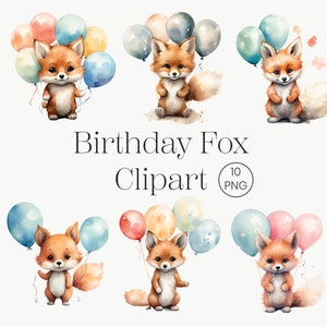 Akwarela Fox Urodziny Clipart | 10 Przezroczysty PNG | Uroczy Fox Wszystkiego Najlepszego PNG Pakiet Fox Baby Shower Urodziny Zaproszenie Dekoracja Przedszkola