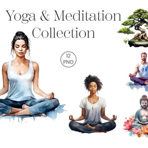 Acuarela Meditación Yoga y Relajación / Bonsai, Buda / 12 PNG transparente / Descarga Digital Clipart