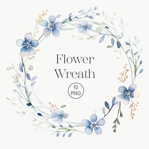 Aquarell Frühlingskranz | 10 PNG | Transparente Blaue Blumenkranz Clipart Aquarell Gold Blaue Blumen Hochzeit Clipart Wilde Blumen Clipart