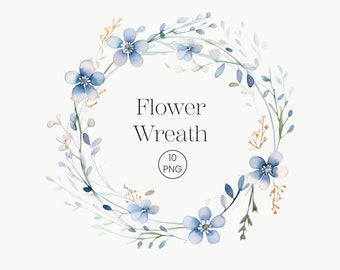 Watercolor Blue Floral Wreath Clipart: Spring Wedding PNG (Digital Download)