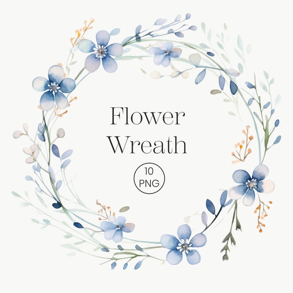 Watercolor Spring Wreath | 10 PNG | Transparent Blue Floral Wreath Clipart Watercolor Gold Blue Flowers Wedding Clipart Wild Floral Clipart