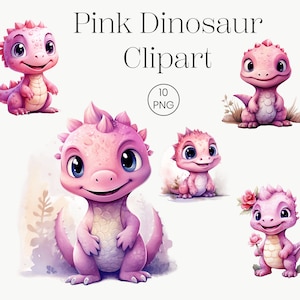 Süßer Dino Pink Aquarell Clipart | 10 Dinosaurier Baby-Duschen Transparent PNG, Digital download | Kinder Wandkunst, T-Rex, Baby Dinosaurier