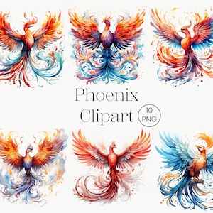 Clipart Phoenix aquarelle | 10 PNG | Oiseau phénix magique imprimable or rouge bleu Floral oiseau de feu mythologique téléchargement numérique