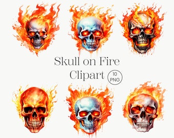 Fire Skull Clipart: Gothic Watercolor PNG Images (Digital Download)