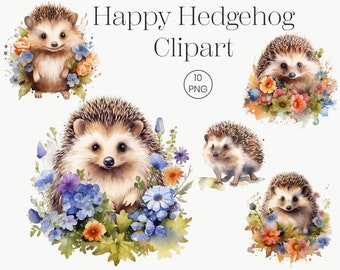 Watercolor Hedgehog Clipart: Floral Woodland Animal PNG (Digital Download)