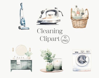 Watercolor Cleaning Clipart Bundle: Housekeeping PNG Images (Digital Download)