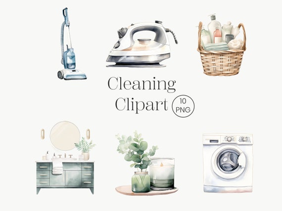 Watercolor Cleaning Clipart Bundle: Housekeeping PNG Images (Digital Download)