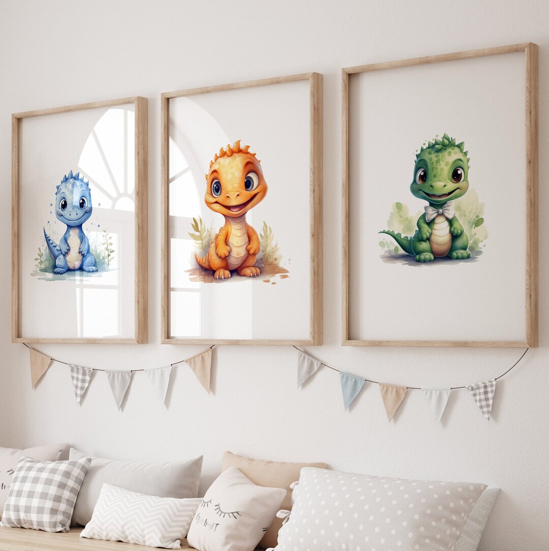 Set of 3 Dinosaurs Wall Art, Printable Cute Dino Print, Nursery Decor ...