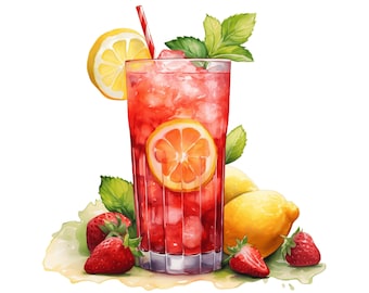 Watercolor Strawberry Lemonade Clipart | Summer Drink (Digital Download)