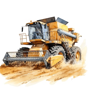 Cosechadora amarilla acuarela JPG, imágenes prediseñadas de vehículos agrícolas, tractor de granja de cosecha, JPG de vida agrícola, imágenes prediseñadas de camiones, decoración de vivero de granja