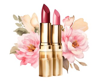 May include: Two gold lipstick tubes with pink and red lipstick inside, surrounded by watercolor pink flowers.