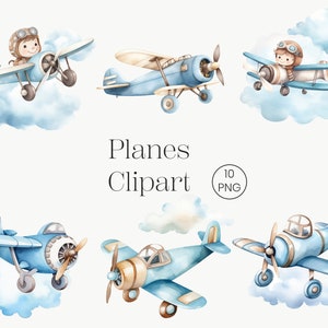 Aviones Acuarela Clipart 10 PNG Imprimible Arte de pared de viaje, Decoración de guardería de viaje, Decoración de habitación de niños, Clipart para niños, Bebé niño, Arte para niños