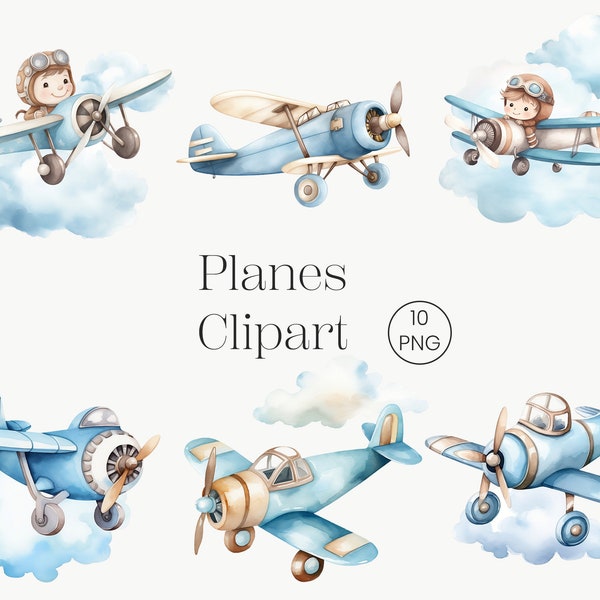 Airplanes Watercolor Clipart 10 PNG Printable Travel Wall Art, Travel Nursery Decor, Boys Room Decor, Kids Clipart, Baby Boy, Kids Art