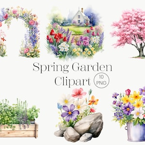 Watercolor Spring Gardens Clipart 10 PNG Spring Garden Illustrations, Painted Garden Clipart with Flowers Instant Download Commercial Use