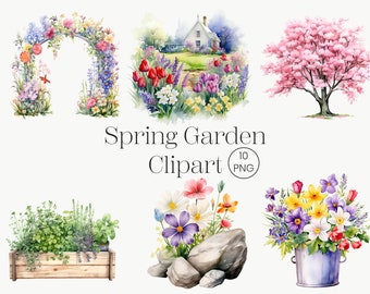 Watercolor Spring Gardens Clipart 10 PNG Spring Garden Illustrations, Painted Garden Clipart with Flowers Instant Download Commercial Use