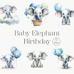 Collezione di clipart elefante compleanno acquerello per uso commerciale/palloncini giocattolo decorazioni regalo blu baby/docce per neonati
