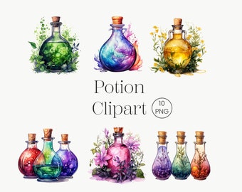 Potion Bottles Watercolor Clipart, Magical Potion Mystical Art, Witches Fantasy clipart, Witchcraft Potion Bundle Magic Instant Download