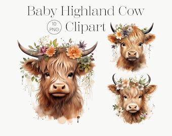 Watercolor Highland Cow Clipart, Floral, Farm Animal PNG (Digital Download)