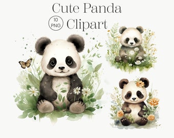 Watercolor Panda Clipart, Floral Baby Panda PNG (Digital Download)