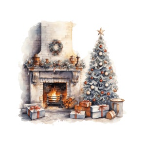Aquarell Weihnachten Kamin Clipart 10 JPG, Weihnachtsdekoration Clipart Bundle, gemütliche Weihnachten Kamin Clipart, Winter Clipart JPG