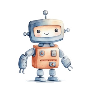 Könnte beinhalten: Eine Aquarell-Illustration eines freundlichen Roboters mit blauem Kopf, orangefarbenem Körper und schwarzen Augen. Der Roboter hat ein lächelndes Gesicht und zwei Arme mit Händen.