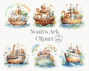 Watercolor Noah&#39;s Ark Watercolor Clipart, 10 PNG Noah&#39;s Ark Clipart, Christian Clipart Bundle, Religious Clipart Bible PNG Commercial Use