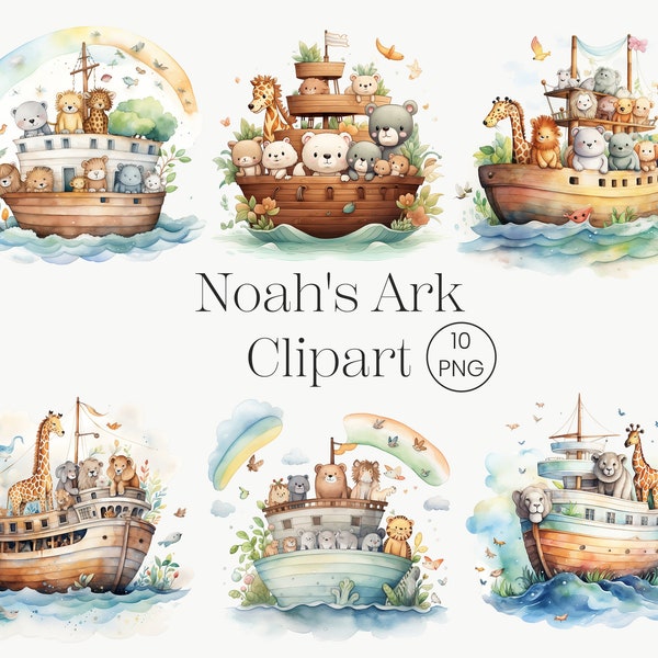Watercolor Noah's Ark Watercolor Clipart, 10 PNG Noah's Ark Clipart, Christian Clipart Bundle, Religious Clipart Bible PNG Commercial Use