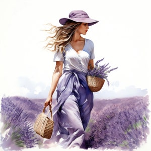 Puede incluir: Una mujer en un campo de lavanda con un sombrero morado y una camisa blanca con una falda de color lavanda. Lleva una cesta de mimbre llena de lavanda y un bolso de mimbre.