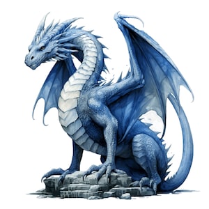 Puede incluir: Un drag&oacute;n azul con las alas extendidas, posado sobre un afloramiento rocoso. El drag&oacute;n tiene un cuello largo y serpentino y una cola poderosa.