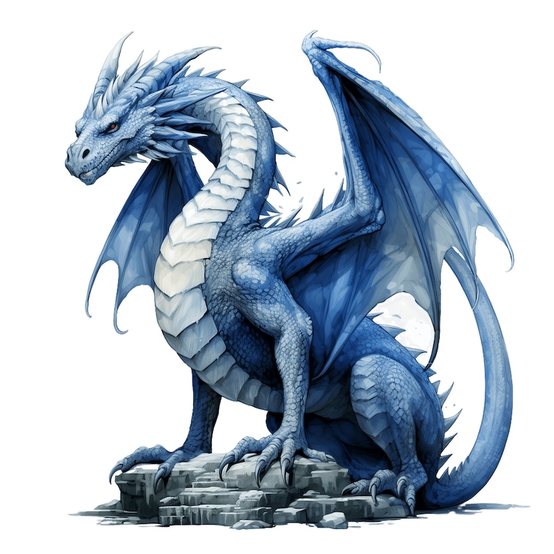 Puede incluir: Un drag&oacute;n azul con las alas extendidas, posado sobre un afloramiento rocoso. El drag&oacute;n tiene un cuello largo y serpentino y una cola poderosa.