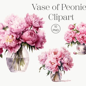Vase of Peonies Watercolor Clipart | 10 High Quality Transparent PNG, Digital Download, Commercial use | Pink Flowers Clipart, Vase, Journal