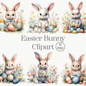 Clipart lapin de Pâques | 10 PNG | Pâques Clipart Lapin avec œufs et fleurs Aquarelle imprimable Téléchargement numérique de haute qualité, Paper Craft