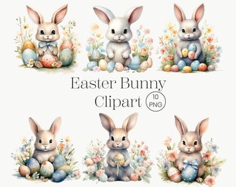 Easter Bunny Clipart | 10 PNG | Easter Clipart Rabbit With Eggs And Flowers Printable Watercolor High Quality Digital Download, Paper Craft