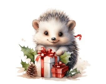 Watercolor Christmas Hedgehog Clipart, Holiday Animals (JPG)