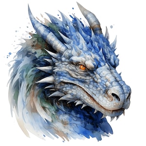Puede incluir: Una pintura de acuarela de la cabeza de un drag&oacute;n azul con un ojo naranja. El drag&oacute;n tiene dientes afilados y escamas. El fondo es una acuarela blanca.