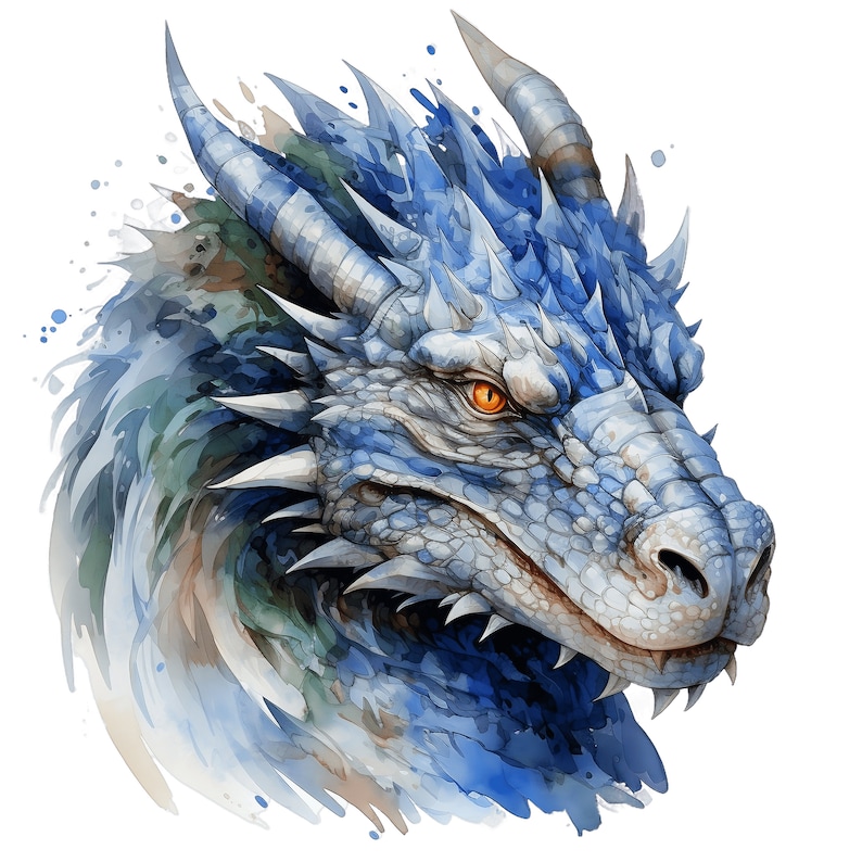 Puede incluir: Una pintura de acuarela de la cabeza de un drag&oacute;n azul con un ojo naranja. El drag&oacute;n tiene dientes afilados y escamas. El fondo es una acuarela blanca.