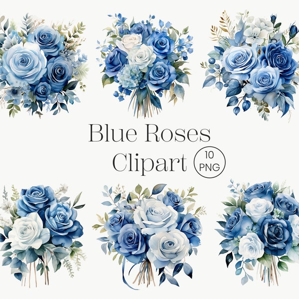 Blue Rose Watercolor Clipart 10 PNG, Blue Wedding Flowers Bouquet PNG, Valentines Day Bouquets Wreath, Watercolor Floral Clipart