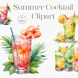 Clipart Cocktail d'été | 10 PNG transparents de haute qualité | Cocktail coloré Clip Art, Tropcial mariage boisson boisson froide limonade Clipart