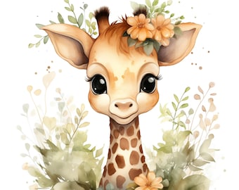 Cute Giraffe Clipart, 10 High Quality JPG, Woodland Animal, Baby Giraffe Shower Decor, Nursery Art, Digital Download Watercolor Giraffe