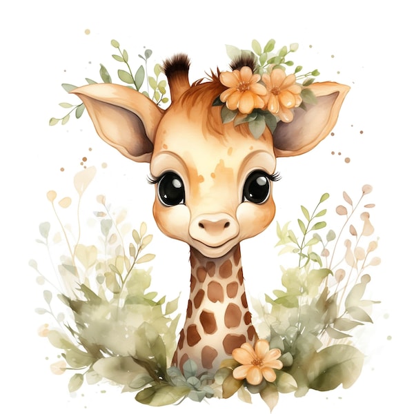 Cute Giraffe Clipart, 10 High Quality JPG, Woodland Animal, Baby Giraffe Shower Decor, Nursery Art, Digital Download Watercolor Giraffe