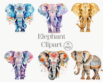 Clipart éléphant coloré : images PNG complexes (10 fichiers)