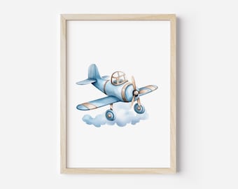 Vintage Airplane Print: Watercolor Biplane, Boys Nursery Decor (Digital Download)