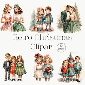 Clipart de família de Natal | 10 PNG transparentes | Pacote de clipart de casal fofo, Natal retrô vintage, criação de cartão de feriado romântico