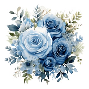 Clipart aquarela de rosa azul 10 JPG, buquê de flores de casamento azul JPG, guirlanda de buquês de dia dos namorados, clipart floral aquarela