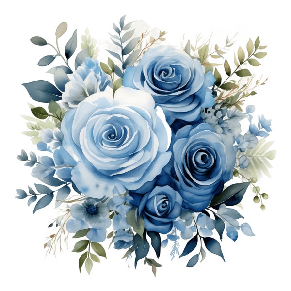 Blue Rose Watercolor Clipart 10 JPG, Blue Wedding Flowers Bouquet JPG, Valentine Day Bouquets Wreath, Watercolor Floral Clipart